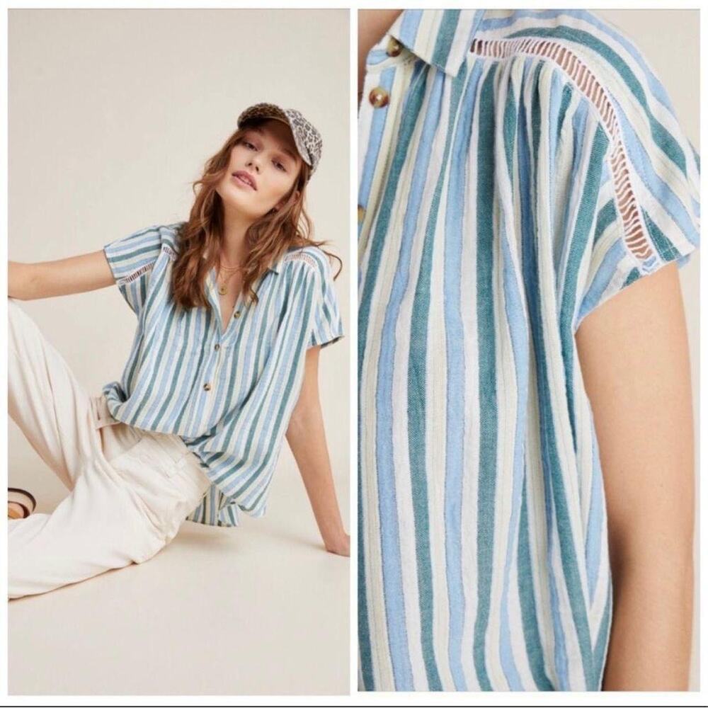Pilcro by Anthropologie Blue and Green Short Sleeve Blouse Size Small NWT